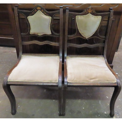 77 - Pair of Edwardian mahogany inlaid and upholstered low bedroom chairs. App. 76cm H x 41cm W x 40cm D