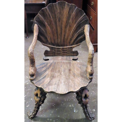 9 - 19th century Venetian style wooden shell backed and seated Grotto Fantasy armchair. App. 90cm H x 52... 