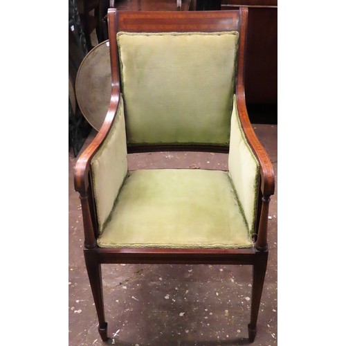 115 - 19th century inlaid mahogany upholstered armchair. App. 94cm H x 51cm W x 47cm D