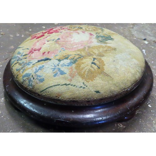 116 - 19th century mahogany framed embroided footstool. App. 33cm Diameter