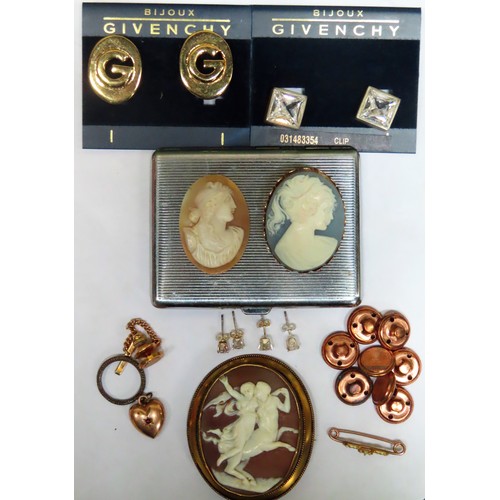 293 - Sundry lot including cigarette case, cameo brooches, 925 stud earrings, button, Givenchy earrings et... 