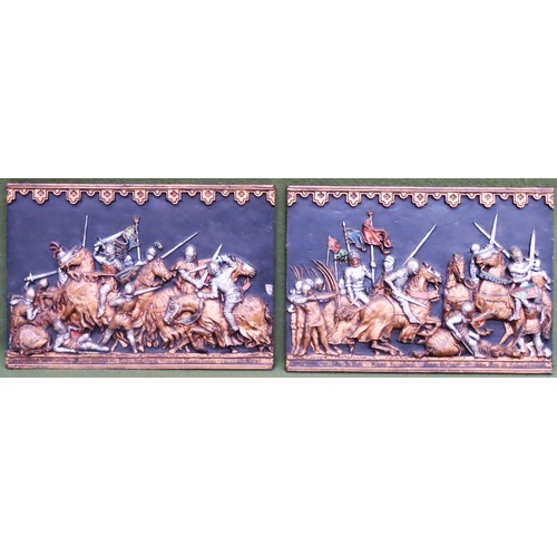 228 - Pair of Marcus Design relief decorated and gilded pottery wall plaques depicting famous figures from... 