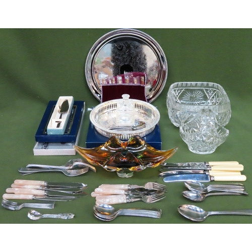 223 - Mixed lot of various silver plated ware, flatware, coloured and other glassware etc