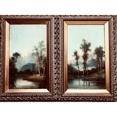 214 - PAIR OF OIL PAINTINGS, RURAL SUBJECT, GILDED AND PIERCED FRAME, UNSIGNED, APPROXIMATELY 49 x 29cm