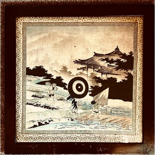 212 - JAPANESE PAINTING UPON A SILK PANEL, FRAMED AND GLAZED, APPROXIMATELY 53 x 53cm