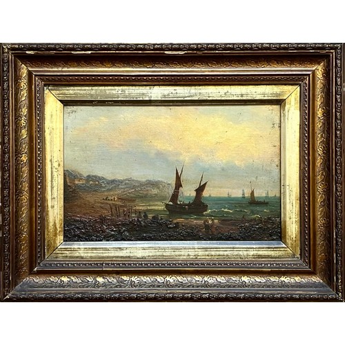 55 - UNSIGNED OIL ON BOARD- 'SAILING BOAT ON THE BEACH AND BAY', STIPPLED EFFECT ROCKS, APPROXIMATELY 21 ... 