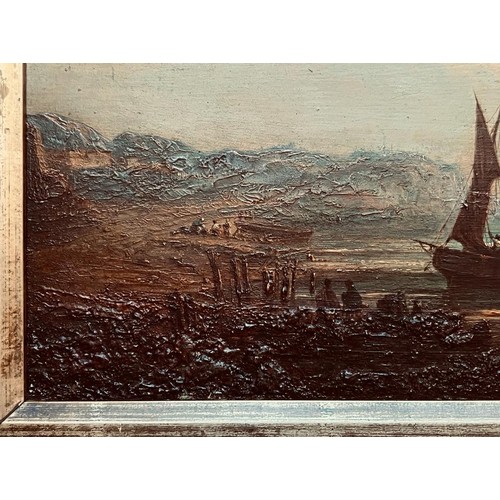 55 - UNSIGNED OIL ON BOARD- 'SAILING BOAT ON THE BEACH AND BAY', STIPPLED EFFECT ROCKS, APPROXIMATELY 21 ... 