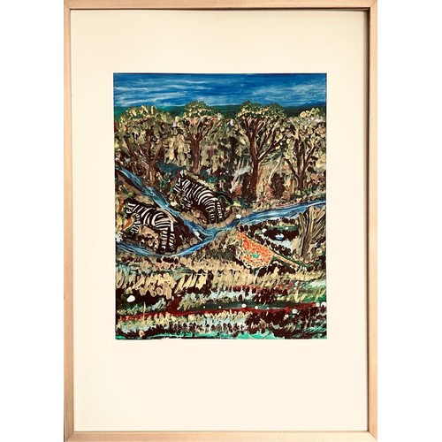 187 - NAIVE SCHOOL, LATE 20th CENTURY, ACRYLIC ON PAPER- 'FOREST ZEBRAS', UNSIGNED, FRAMED NO GLAZING, APP... 