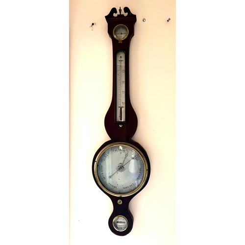 66 - WHEEL BAROMETER, MAHOGANY FRAMED, T VERGAR, APPROX 98cm LONG