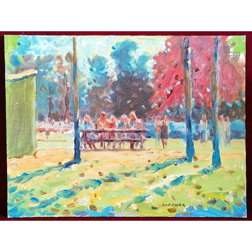 136 - KEITH GARDNER RCA OIL ON BOARD- AT THE PICNIC TABLE, BIRKENHEAD, SIGNED, APPROXIMATELY 23cm x 30cm