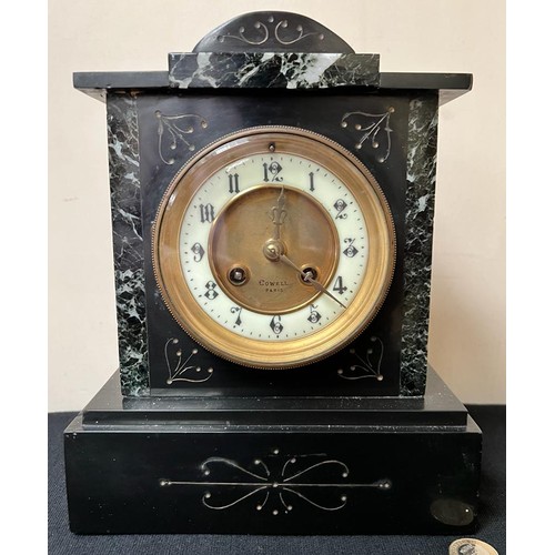 183 - SLATE AND MARBLE MANTLE CLOCK, COWELL PARIS, APPROX 26cm HIGH, 21cm WIDE AND 12.5cm DEPTH