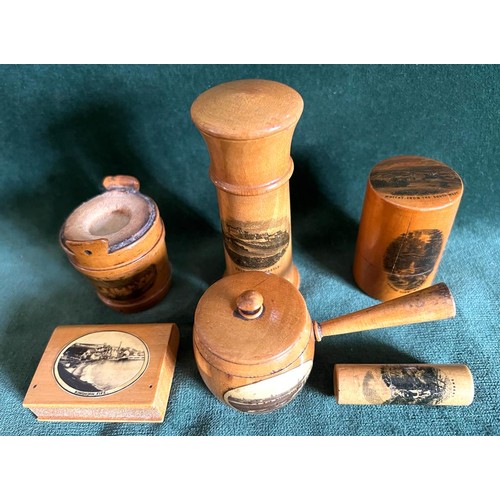 38 - SIX PIECES OF MAUCHLINE WARE, SCOTLAND RELATED