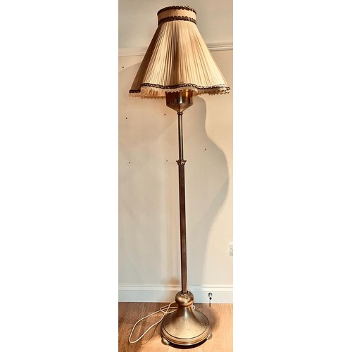 165 - BRASS COLUMN STANDARD LAMP, RESERVOIR NOW ELECTRIFIED AND EXPANDING, APPROXIMATELY 190cm HIGH