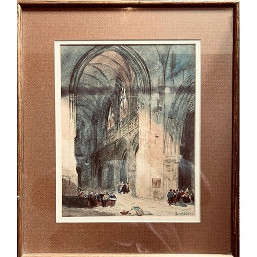 149 - K. GRIFFITHS WATERCOLOUR - CATHEDRAL INTERIOR. APPROX. 25 X 19CM