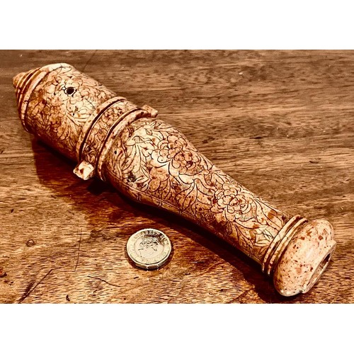 146 - ORIENTAL MARBLE MINIATURE CANNON BARREL, INCISED DECORATION, APPROXIMATELY 20cm LONG