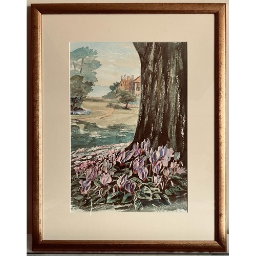 137 - WATERCOLOUR- 'WOODLAND CYCLAMEN IN THE PARK', SIGNED LOWER RIGHT, APPROXIMATELY 34 x 23cm