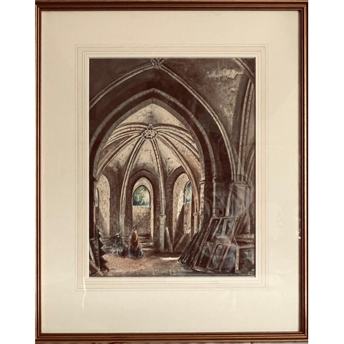 93 - UNSIGNED WATERCOLOUR - INTERIOR OF CANTERBURY CATHEDRAL. APPROX. 31 X 24CM