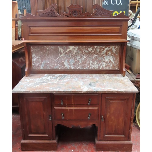 24 - Early 20th century mahogany marble topped and backed wash stand. App. 155cm H x 122cm W x 51cm D