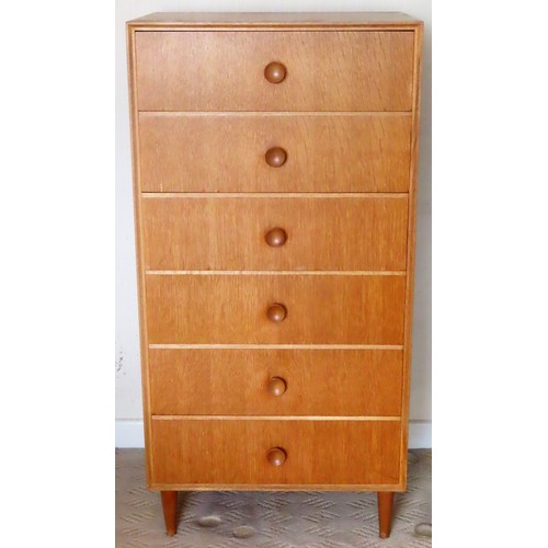 51 - Meredew mid 20th century light oak chest of six drawers. App. 123cm H x 61cm W x 46cm D