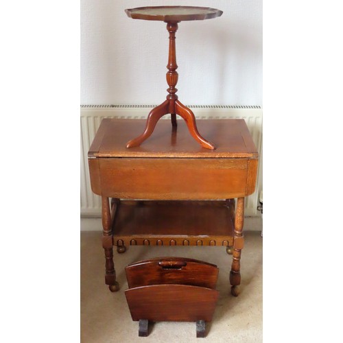 99 - Oak two tier drop leaf trolley, mahogany wine table, plus Art Deco magazine rack