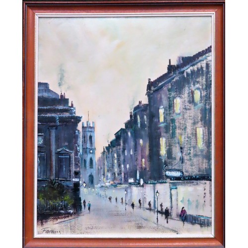 40 - 1970's framed oil on board depicting Bold Street, Liverpool. Signed indistinct. App. 49 x 39cm