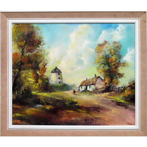 43 - 1970's Framed oil on board depicting a country scene. Signed R. FACHIRI. App. 49 x 59cm