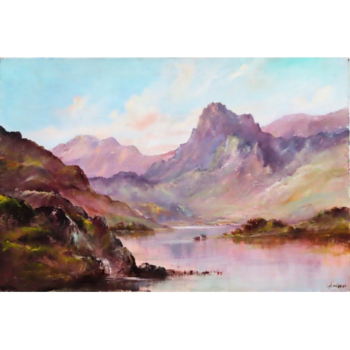 46 - 1970's unframed oil on canvas depiciting a Loch scene, signed R. Fachiri. App. 51 x 76cm