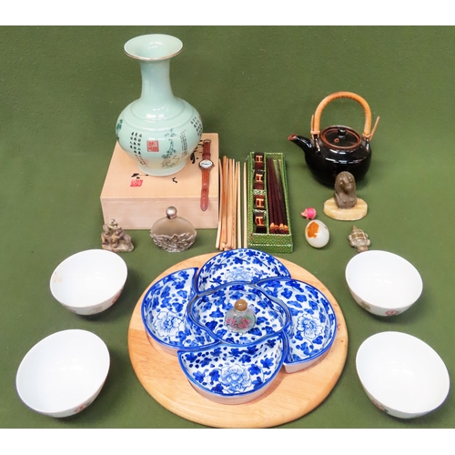 308 - Parcel of Oriental sundries Inc. Hors D'oeuvres dish, vase, chopsticks, storage box, etc