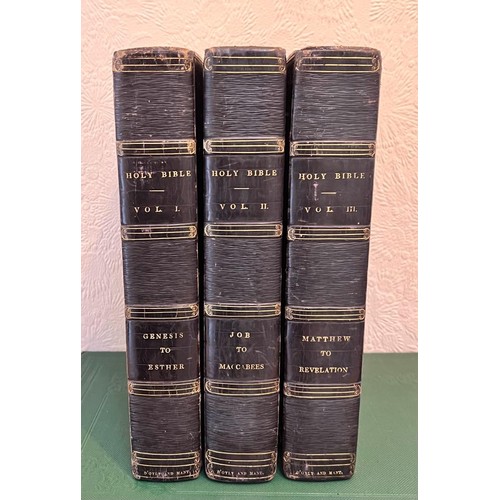 34 - CLARENDON PRESS HOLY BIBLE, THREE VOLUMES, 1826, WITH MAPS AND ILLUSTRATIONS, FULL LEATHER BOUND