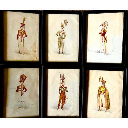 29 - SET OF SIX WATERCOLOURS OF SOLDIERS, CIRCA 1828: 1, 12th ROYAL LANCERS; 2, GRENADIER GUARDS; 3, 17th... 