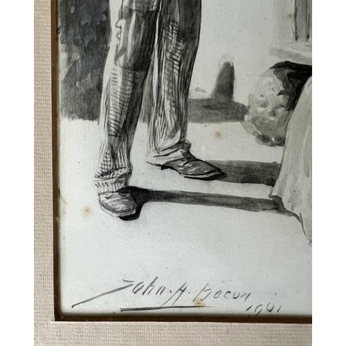 32 - JOHN HENRY BACON, MONOCHROME WATERCOLOUR, FIGURES OUTSIDE A COTTAGE, SIGNED, 1901, APPROX 29 x 20cm