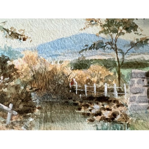 14 - FLAXNEY STOWELL, WATERCOLOUR- 'BY A STREAM LOOKING TOWARDS BARRULE' POSSIBLY NEAR CASTLETOWN, SIGNED... 