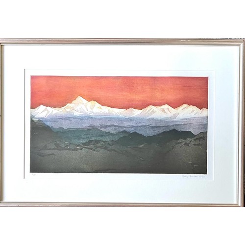 53 - MOLLY DICKER, ETCHING/AQUATINT- EVEREST AND HIMALAYAS, 1990, APPROX 27 x 50cm