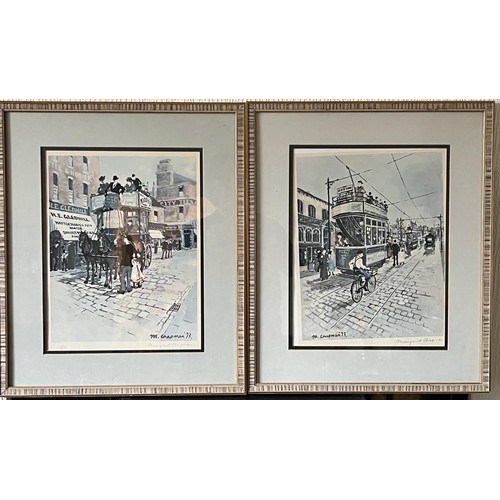 56 - MARGARET CHAPMAN, PAIR OF PRINTS, STREET SCENES, SIGNED, FRAMED AND GLAZED, APPROX 35 x 28cm