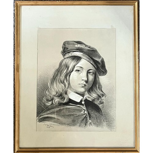 71 - E. E. MURRAY, PENCIL DRAWING, GIRL WEARING BERET, 1866, APPROX 42 x 32cm