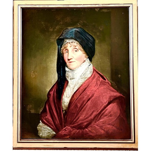 11 - UNSIGNED OIL ON CANVAS PORTRAIT OF A SEATED WOMAN WITH LACE BODICE AND CAP AND RED SHAWL, 19th CENTU... 