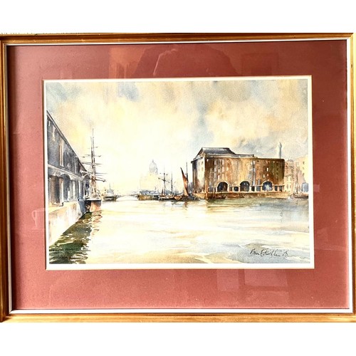 83 - BRIAN ENTWISTLE, WATERCOLOUR, 'LOOKING TOWARDS CANNING DOCK TO ALBERT DOCK', FRAMED AND GLAZED, APPR... 