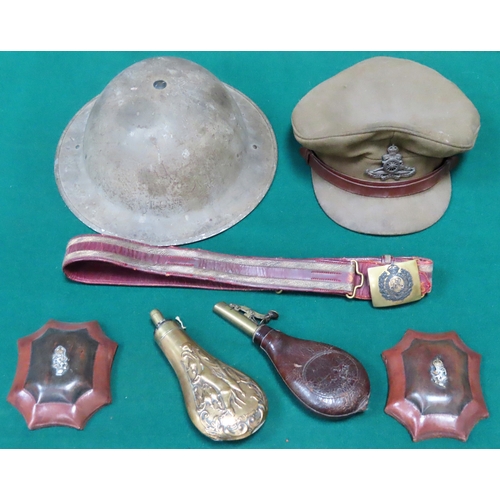 325 - Sundry lot Inc. Royal Engineers belt, helmet, officers cap, two gun powder flasks, etc