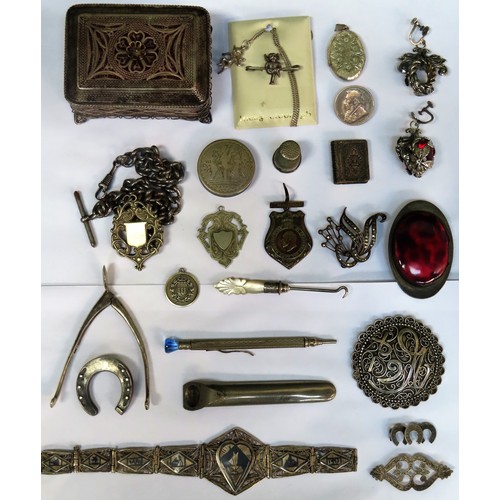 342 - Parcel of Silver and Silver coloured items including costume jewellery, filigree box, pill box, broo... 