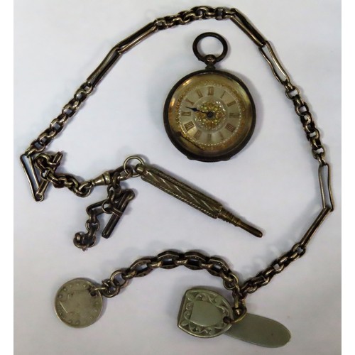 348 - Hallmarked silver watch chain, plus silver fob watch