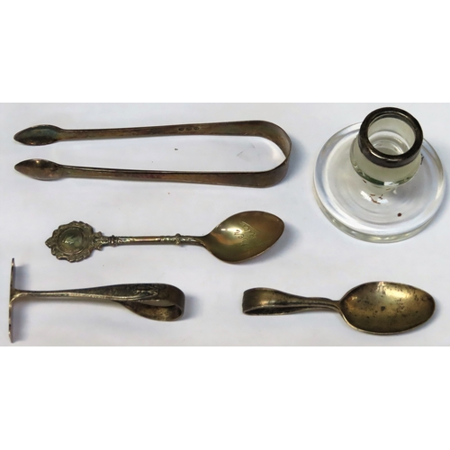 345 - Sundry lot of hallmarked silver flatware including Georgian sugar tongs, silver banded candle holder... 