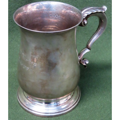 344 - Hallmarked silver tankard, Sheffield assay. App. 13cm H. 420.7g