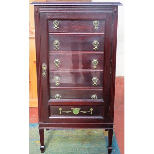 7 - 19th century mahogany single door glazed music cabinet fitted with six drawers. App. 116cm H x 61cm ... 