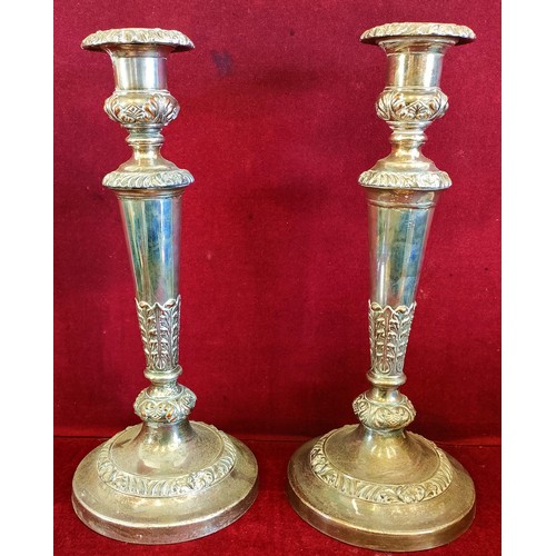 49 - PAIR OF SILVER PLATED CANDLESTICKS, APP. 33.5CM H