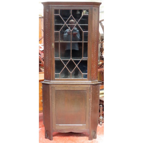 87 - Early 20th century carved oak astragal glazed corner display cabinet. Approx. 179cm H x 80cm W x 44c... 