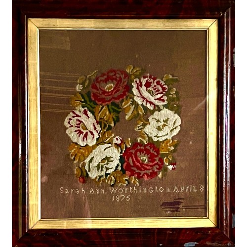 79 - WOOL TAPESTRY WOOL TAPESTRY WORK SAMPLER, ROSES AND ALPHABET, 1875, SARAH ANN WORTHINGTON, APPROX 49... 