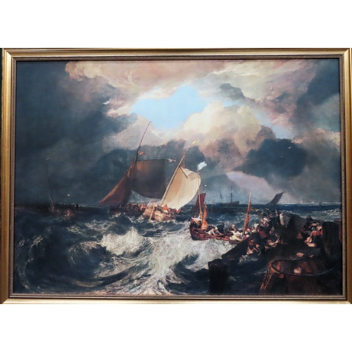 203 - 20th century large gilt framed oleograph - depicting boats on stormy waters. Approx. 64cms H x 88cms