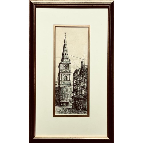 258 - MONOCHROME ENGRAVING- CHRIST CHURCH, BRISTOL, FRAMED AND GLAZED, APPROXIMATELY 32 x 12cm