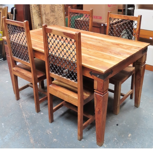 370 - 20th century solid wooden rectangular dining table, with four jali style back chairs. App.  79cm H x... 