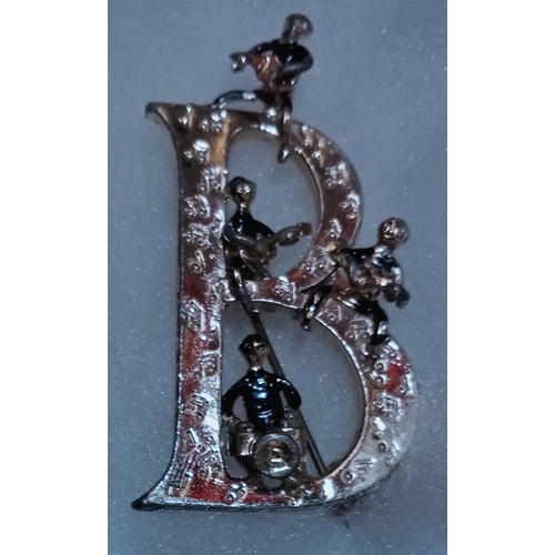 2 - Beatles B brooch, large letter B featuring 4 figures perched on it.